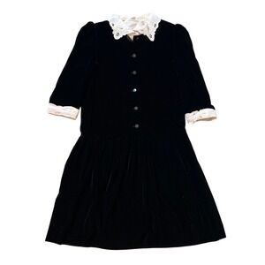 Vintage Nancy Johnson Black Velvet Drop Waist Dress Lace Collar 12 modern XS